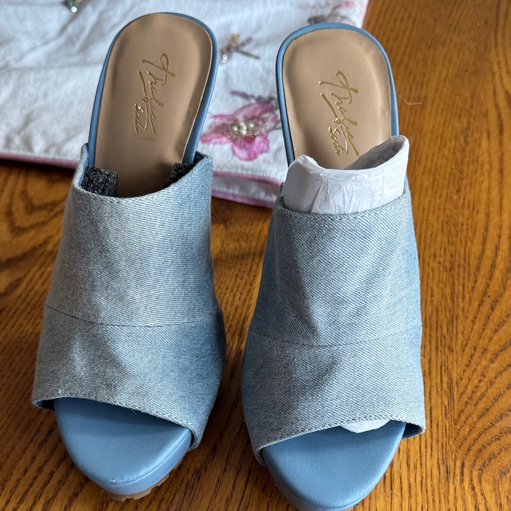 Thalia Sodi Light Blue Denim Open-Toe Stiletto Mules - Like NEW! - Picture 3 of 12